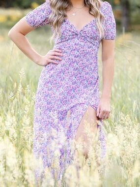 Astr Lavender Floral Maxi Dress with Front Slit